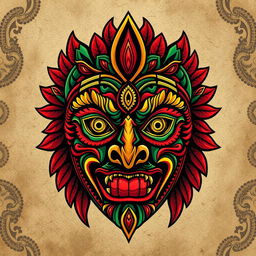 A stunning tribal facemask design featuring intricate patterns and vibrant colors, suitable for a high-quality wallpaper