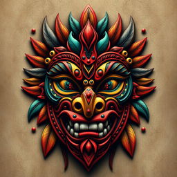 A stunning tribal facemask design featuring intricate patterns and vibrant colors, suitable for a high-quality wallpaper