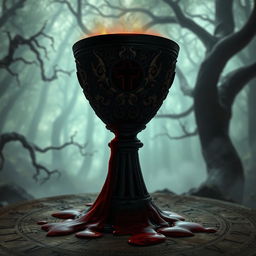 A dark and mystical scene featuring a sinister-looking chalice filled with blood, surrounded by ancient runes and a dimly lit atmosphere