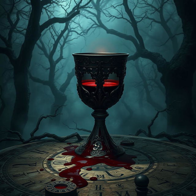 A dark and mystical scene featuring a sinister-looking chalice filled with blood, surrounded by ancient runes and a dimly lit atmosphere