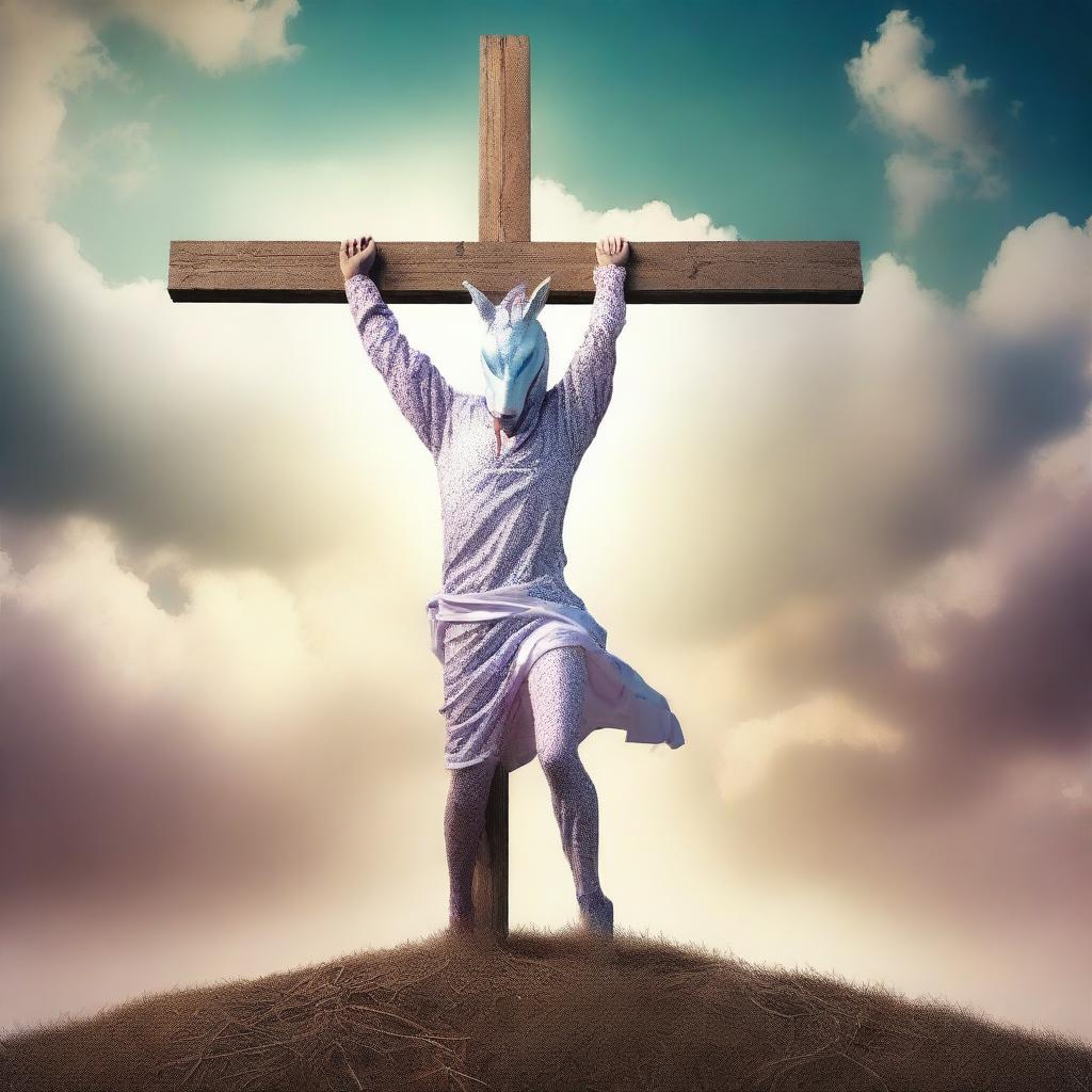 This high-quality digital art piece shows a man in a unicorn mask, acting out a crucifixion scene for educational purposes