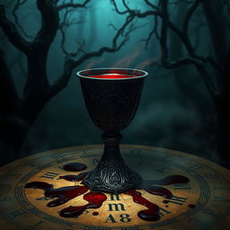 A dark and mystical scene featuring a sinister-looking chalice filled with blood, surrounded by ancient runes and a dimly lit atmosphere