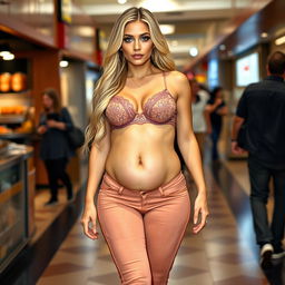 A beautiful, sexy long hourglass-shaped woman with a full belly featuring a deep navel that slightly protrudes over her ultra tight skinny jeans, which are stretched to the limit over her very wide, bulging hips, thighs, and legs