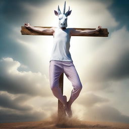 This high-quality digital art piece shows a man in a unicorn mask, acting out a crucifixion scene for educational purposes