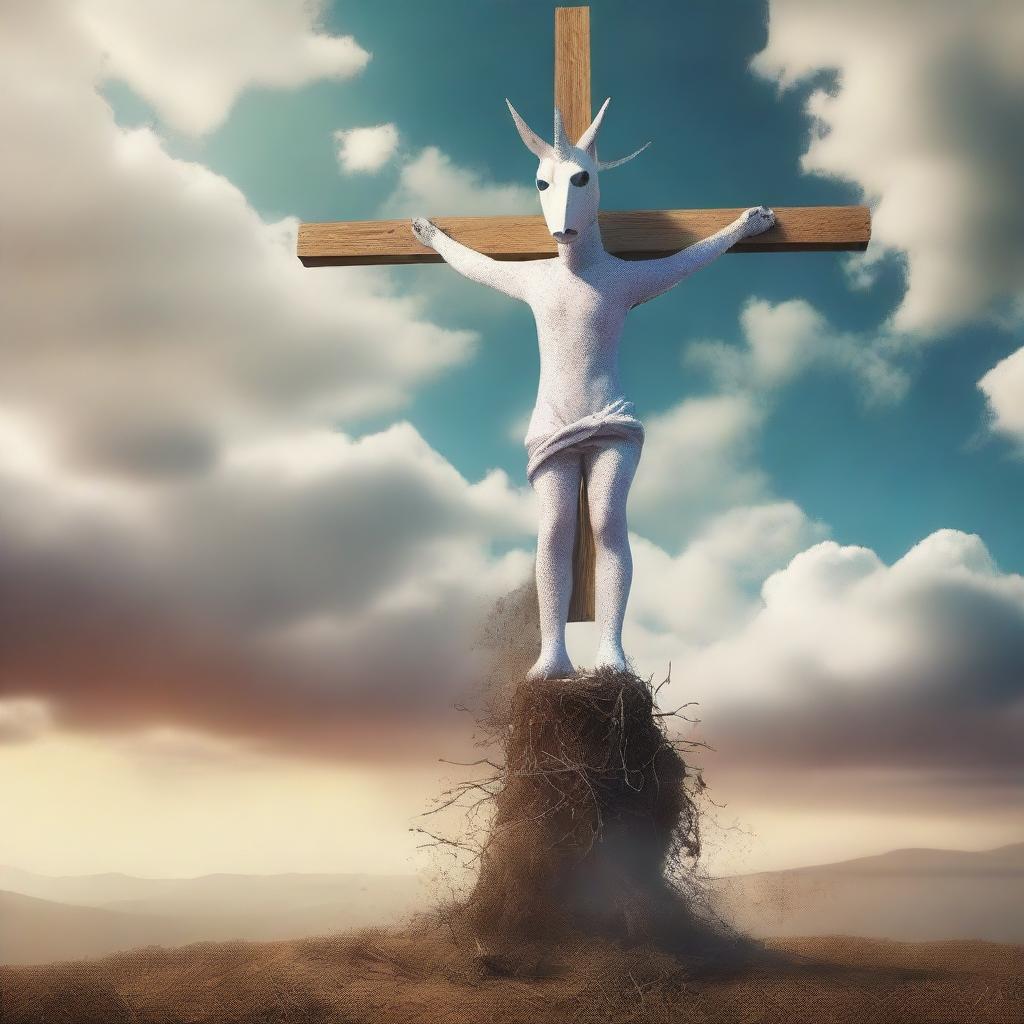 This high-quality digital art piece shows a man in a unicorn mask, acting out a crucifixion scene for educational purposes