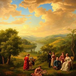 A stunning Renaissance painting featuring a serene landscape with lush trees, rolling hills, and a calm river flowing through the scene