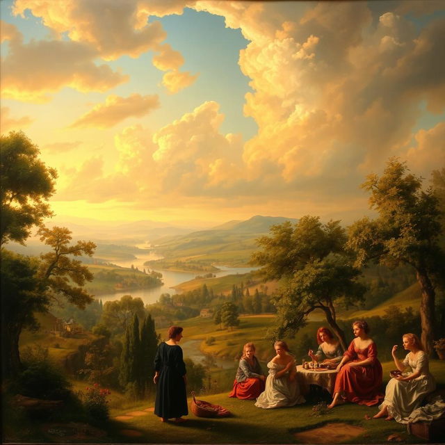 A stunning Renaissance painting featuring a serene landscape with lush trees, rolling hills, and a calm river flowing through the scene