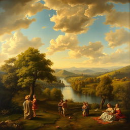 A stunning Renaissance painting featuring a serene landscape with lush trees, rolling hills, and a calm river flowing through the scene