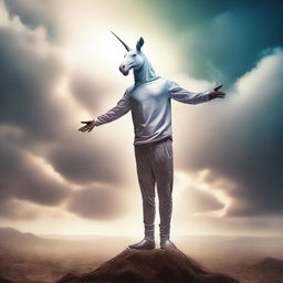 This high-quality digital art piece shows a man in a unicorn mask, acting out a crucifixion scene for educational purposes