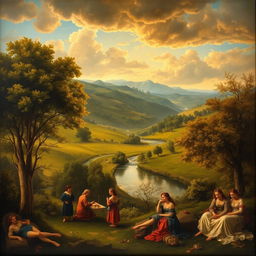 A stunning Renaissance painting featuring a serene landscape with lush trees, rolling hills, and a calm river flowing through the scene