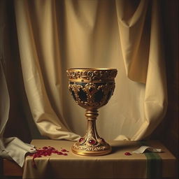 A stunning Renaissance painting depicting a richly adorned chalice filled with blood