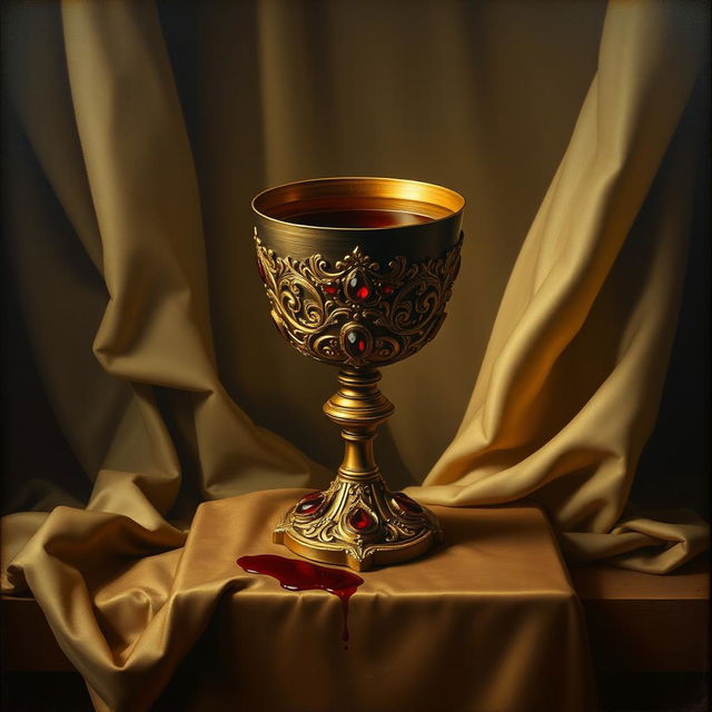 A stunning Renaissance painting depicting a richly adorned chalice filled with blood