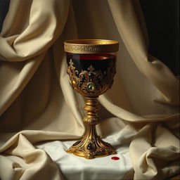 A stunning Renaissance painting depicting a richly adorned chalice filled with blood