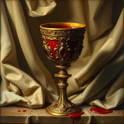 A stunning Renaissance painting depicting a richly adorned chalice filled with blood