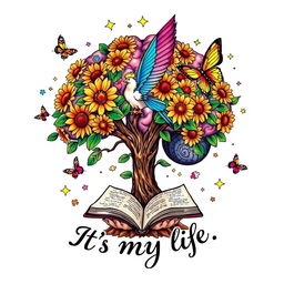 A vibrant and colorful tattoo design featuring a brain-shaped tree with vivid, intricate details