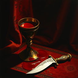 A captivating Renaissance painting depicting a ceremonial chalice filled with crimson liquid, representing blood, placed prominently on an ornate table