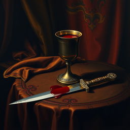 A captivating Renaissance painting depicting a ceremonial chalice filled with crimson liquid, representing blood, placed prominently on an ornate table