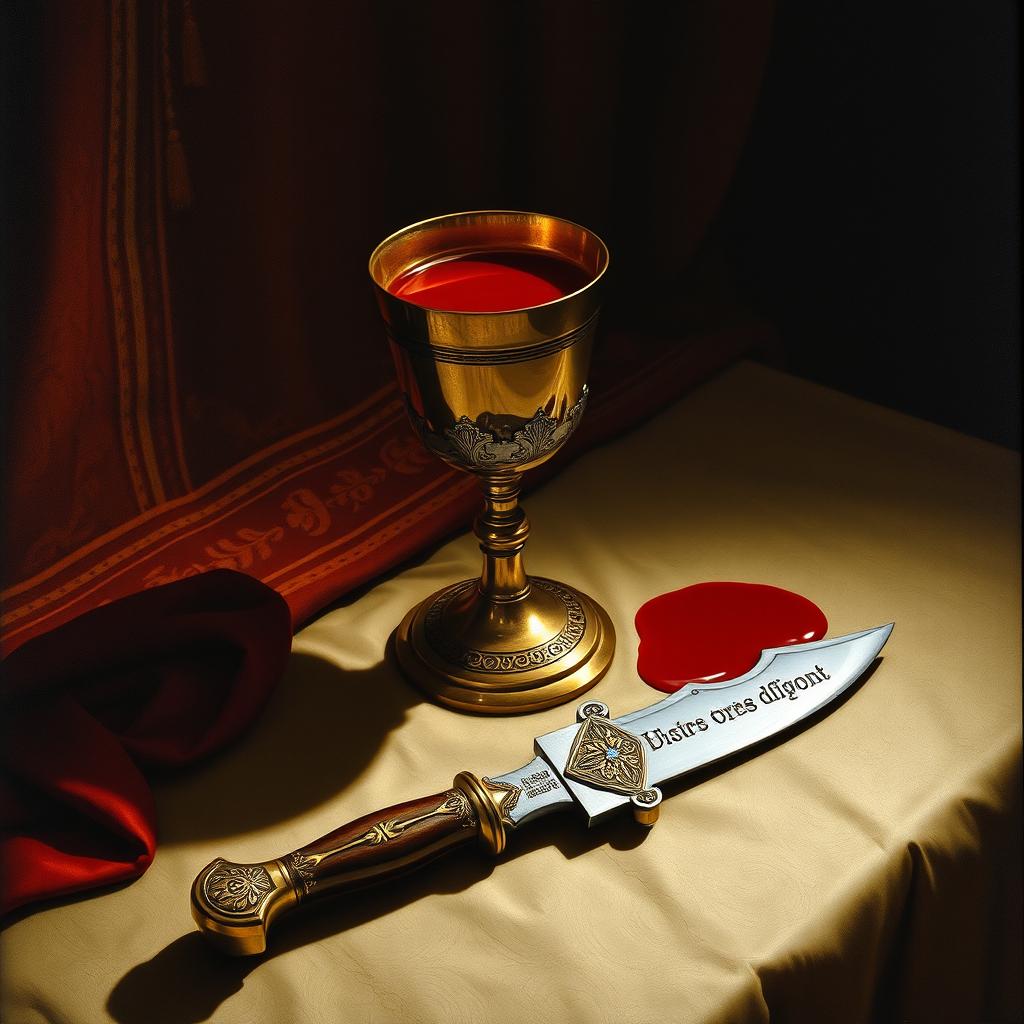 A captivating Renaissance painting depicting a ceremonial chalice filled with crimson liquid, representing blood, placed prominently on an ornate table