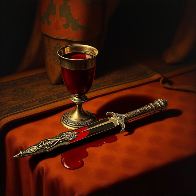 A captivating Renaissance painting depicting a ceremonial chalice filled with crimson liquid, representing blood, placed prominently on an ornate table