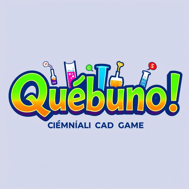 A captivating logo design displaying the name "¡ Quíbuno !" that reflects the theme of a chemical card game