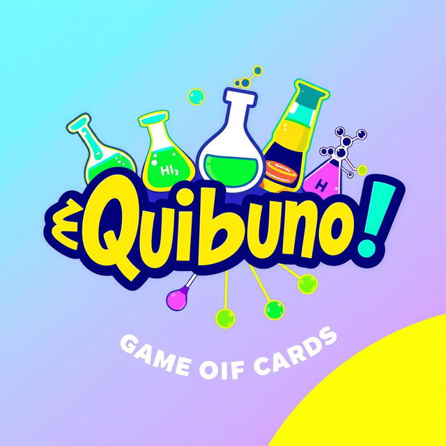 A visually striking logo design featuring the name "¡ Quibuno !" prominently displayed, emphasizing its theme as a chemical game of cards