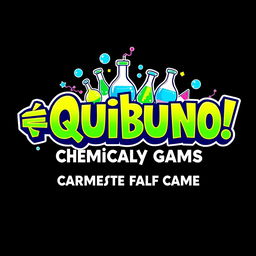 A visually striking logo design featuring the name "¡ Quibuno !" prominently displayed, emphasizing its theme as a chemical game of cards