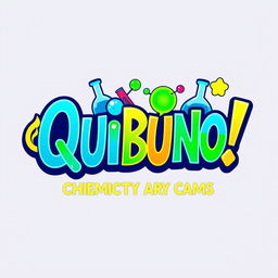 A visually striking logo design featuring the name "¡ Quibuno !" prominently displayed, emphasizing its theme as a chemical game of cards