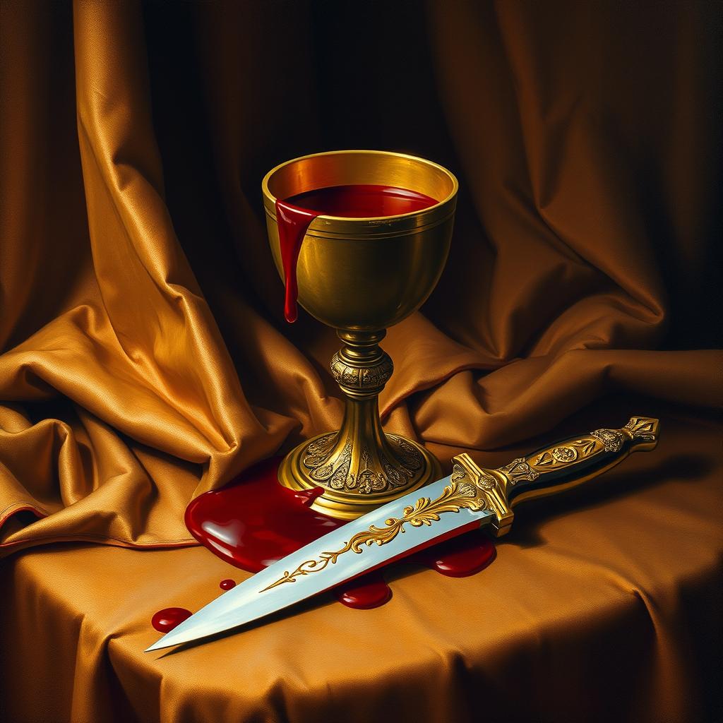 A Renaissance painting illustrating a ceremonial chalice overflowing with deep crimson liquid, evocative of blood, elegantly centered on a richly draped table