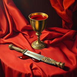 A Renaissance painting illustrating a ceremonial chalice overflowing with deep crimson liquid, evocative of blood, elegantly centered on a richly draped table
