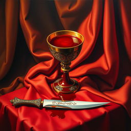 A Renaissance painting illustrating a ceremonial chalice overflowing with deep crimson liquid, evocative of blood, elegantly centered on a richly draped table
