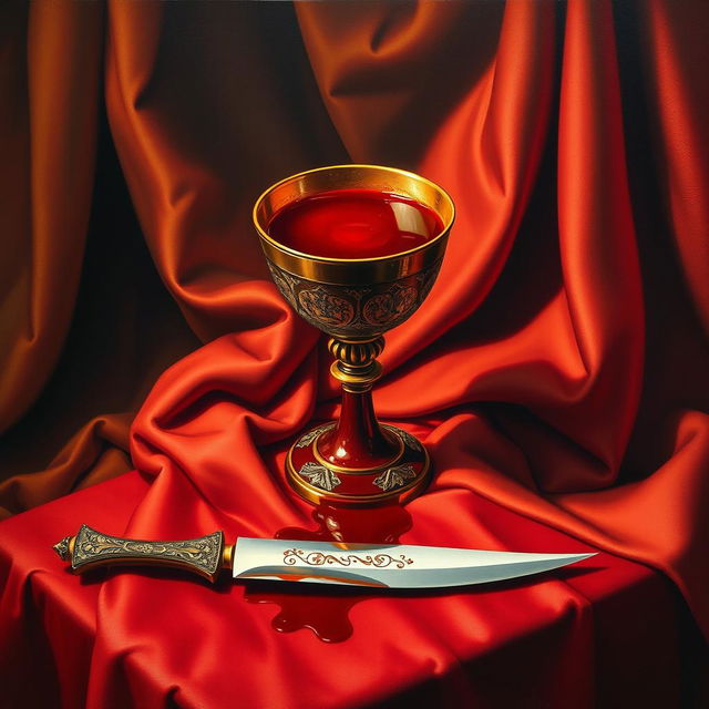 A Renaissance painting illustrating a ceremonial chalice overflowing with deep crimson liquid, evocative of blood, elegantly centered on a richly draped table