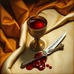 A Renaissance painting illustrating a ceremonial chalice overflowing with deep crimson liquid, evocative of blood, elegantly centered on a richly draped table