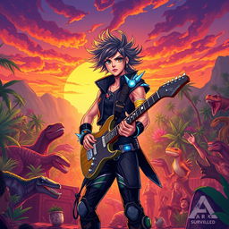 A vibrant and dynamic illustration of a rockstar character inspired by the game Ark: Survival Evolved, set against a vivid prehistoric landscape