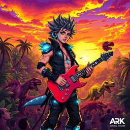 A vibrant and dynamic illustration of a rockstar character inspired by the game Ark: Survival Evolved, set against a vivid prehistoric landscape