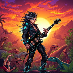 A vibrant and dynamic illustration of a rockstar character inspired by the game Ark: Survival Evolved, set against a vivid prehistoric landscape