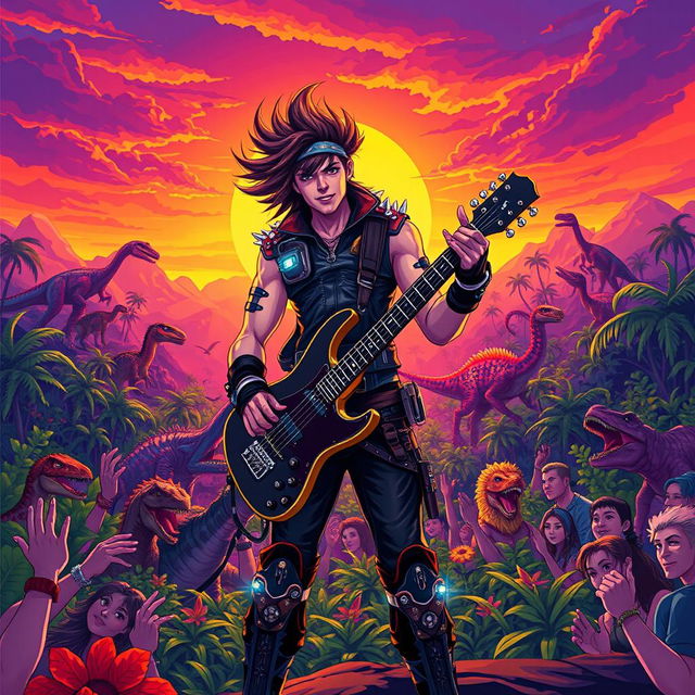 A vibrant and dynamic illustration of a rockstar character inspired by the game Ark: Survival Evolved, set against a vivid prehistoric landscape