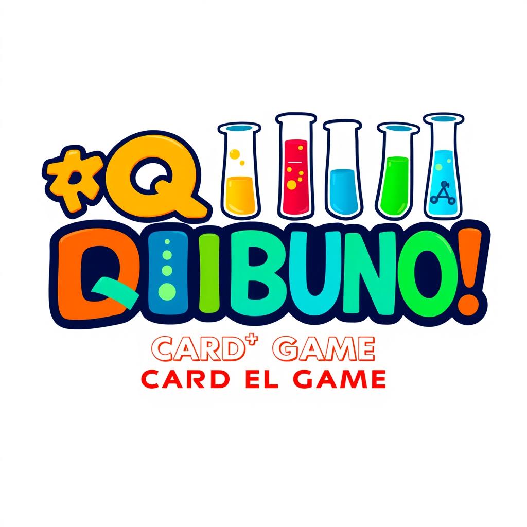 A vibrant logo design featuring the name "¡ Q U I B U N O !" prominently displayed, capturing the essence of a card chemical game