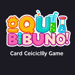 A vibrant logo design featuring the name "¡ Q U I B U N O !" prominently displayed, capturing the essence of a card chemical game