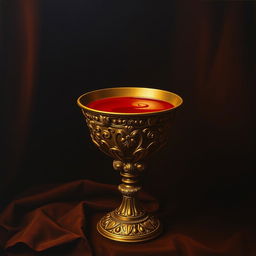 A Renaissance painting showcasing a ceremonial chalice filled with rich crimson liquid, symbolizing blood