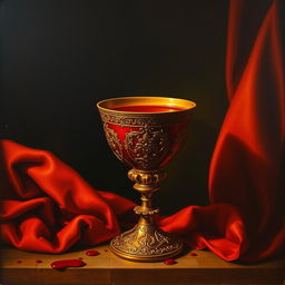 A Renaissance painting showcasing a ceremonial chalice filled with rich crimson liquid, symbolizing blood