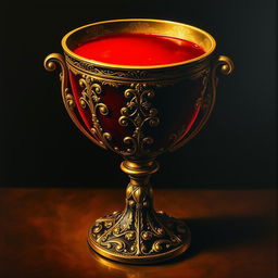 A Renaissance painting showcasing a ceremonial chalice filled with rich crimson liquid, symbolizing blood