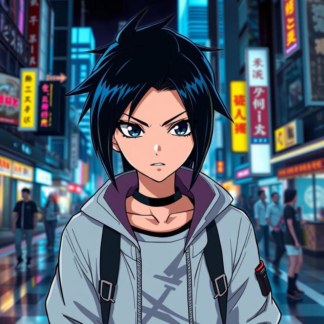 A cool, edgy anime character with sleek black hair styled back