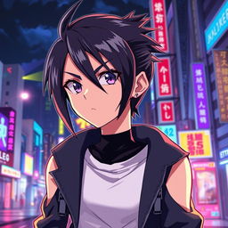 A cool, edgy anime character with sleek black hair styled back