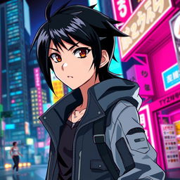 A cool, edgy anime character with sleek black hair styled back