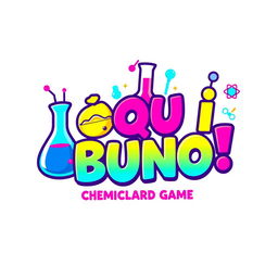 A visually appealing logo design featuring the name "¡QU I BUNO !" prominently highlighted, representing a chemical card game
