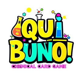 A visually appealing logo design featuring the name "¡QU I BUNO !" prominently highlighted, representing a chemical card game