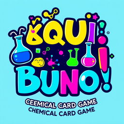 A visually appealing logo design featuring the name "¡QU I BUNO !" prominently highlighted, representing a chemical card game