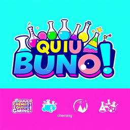 A visually appealing logo design featuring the name "¡QU I BUNO !" prominently highlighted, representing a chemical card game