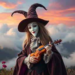 A tall, magnificent witch wearing a white simple mask reminiscent of theatre comedy, holding a small violin and dressed in a bard's suit