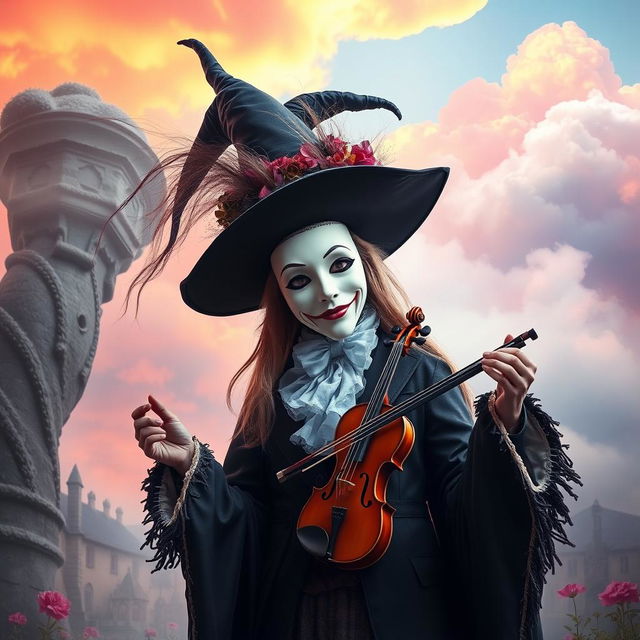 A tall, magnificent witch wearing a white simple mask reminiscent of theatre comedy, holding a small violin and dressed in a bard's suit